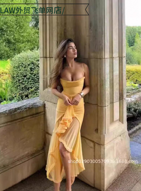 Sleeveless sequin back split sexy party dress新黄色吊带花边