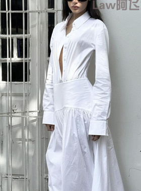 Lace-up sexy figure-hugging blouse dress春夏白色通勤褶皱字长