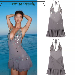 satin party deep neck dress性感挂脖露背贝壳吊带连衣裙 Sexy