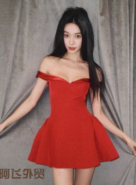 Flattering sexy floral print strapless dress易梦玲同款一字肩