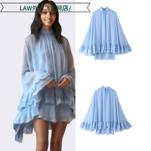 neck party Sexy 双层木耳边斗篷式 deep dress时尚 纯色连 satin