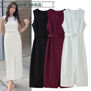 neck party Sexy 优雅圆领无袖 deep dress时尚 配腰带单排 satin