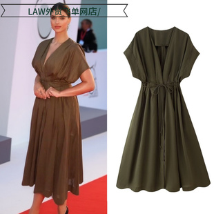 neck party Sexy 轻奢收腰领短袖 deep dress时尚 长连衣裙 satin