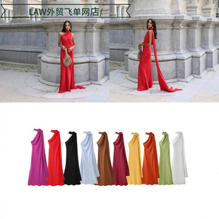 satin party deep neck dress春夏纯色挂脖丝缎质感连衣裙 Sexy