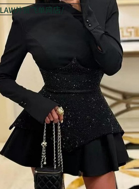 Sexy satin deep V-neck party dress时尚拼接亮片长袖圆领短裙性