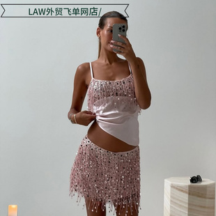 deep camisole top dress独立站粉色闪光性感 Sexy ball sequin