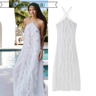 deep neck party 荷叶 Sexy dress春纯色挂脖露背系带无袖 satin