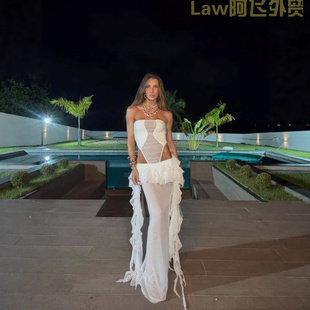 Sexy backless slim women's satin dress拼接荷叶边长裙工厂直供