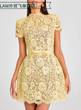 Sexy satin deep V-neck party dress独立站性感透视蕾丝花边黄色