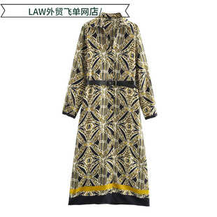 neck party Sexy 配腰带印花长袖 deep dress春夏女时尚 连 satin