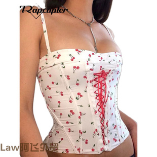 women long sleeved 印花系带露脐吊带小背 Lace shirt爆款 sexy