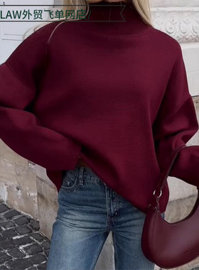 Women's Casual Leather Jacket Coat女式纯色半高领红色套头衫优