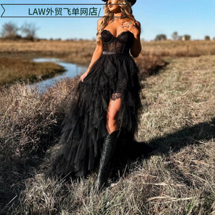 satin party deep neck dress重工鱼骨网纱蕾丝连衣裙纯欲 Sexy