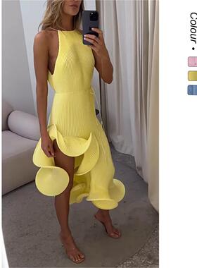 Linen casual cardigan long shirt dress现货不规则荷叶边25年跨