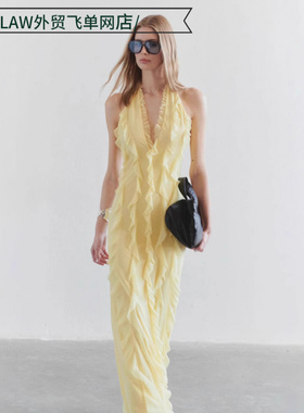 Sexy satin deep V-neck party dress黄色纯色吊带性感露背花边高