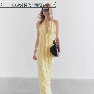 satin party deep neck dress黄色纯色吊带性感露背花边高 Sexy