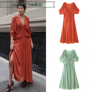 deep neck party 褶皱领收腰长连衣裙 Sexy dress时尚 satin