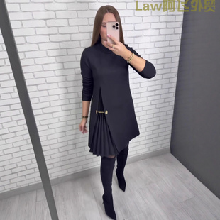 sexy patchwork lace 下摆抽褶设计感 fit dress长袖 slim Printed
