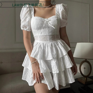 neck party Sexy 法式 deep dress纯欲甜美泡泡袖 蛋糕收腰 satin