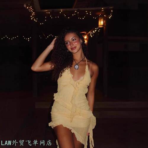 Elegant V-neck sexy bubble dress风挂脖不规则连衣裙木耳边设计