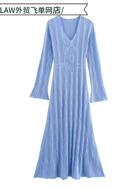 Sexy satin deep V-neck party dress领蓝色长款针织连衣裙量大可