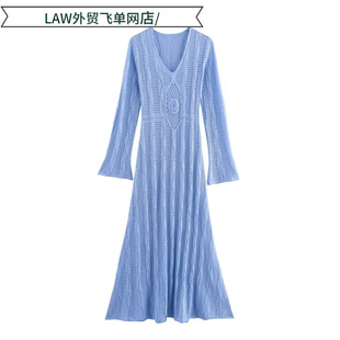 deep neck party 针织连衣裙量大可 Sexy dress领蓝色长款 satin