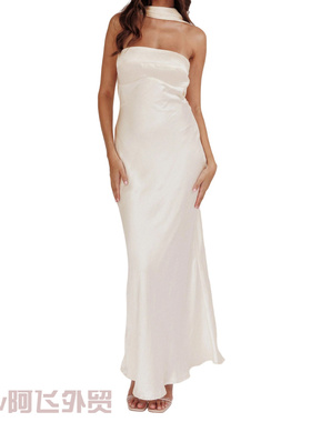 Sexy V-neck strapless bodycon satin dress纯色围巾披肩连衣裙