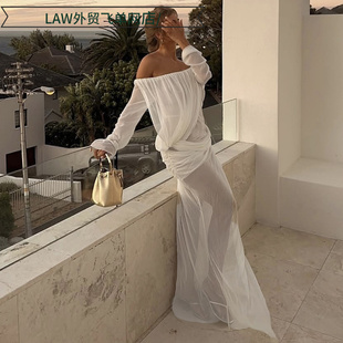 lace Sexy sleeveless fit dress春夏辣妹性感网纱纯色一字 slim