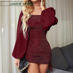 deep neck party 撒金包臀抽绳方领连 Sexy dress性感修身 satin