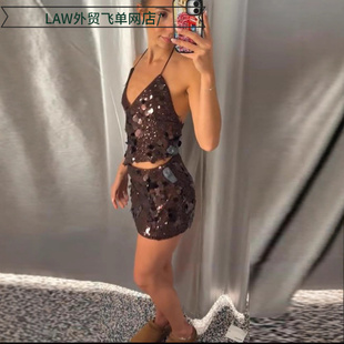 deep camisole top dress酒红亮片吊带深领上 Sexy ball sequin