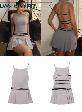 Sexy satin deep V-neck party dress时尚灰色系带露背百褶吊带裙