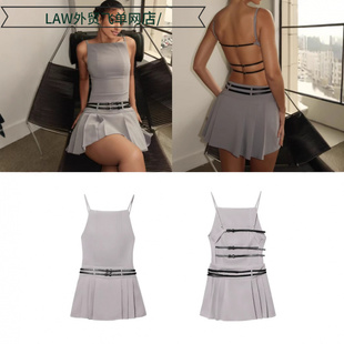 deep neck party 灰色系带露背百褶吊带裙 Sexy dress时尚 satin