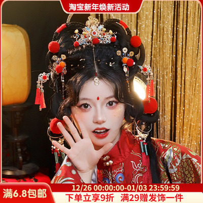 毛球复古过年头饰小财神发饰组合