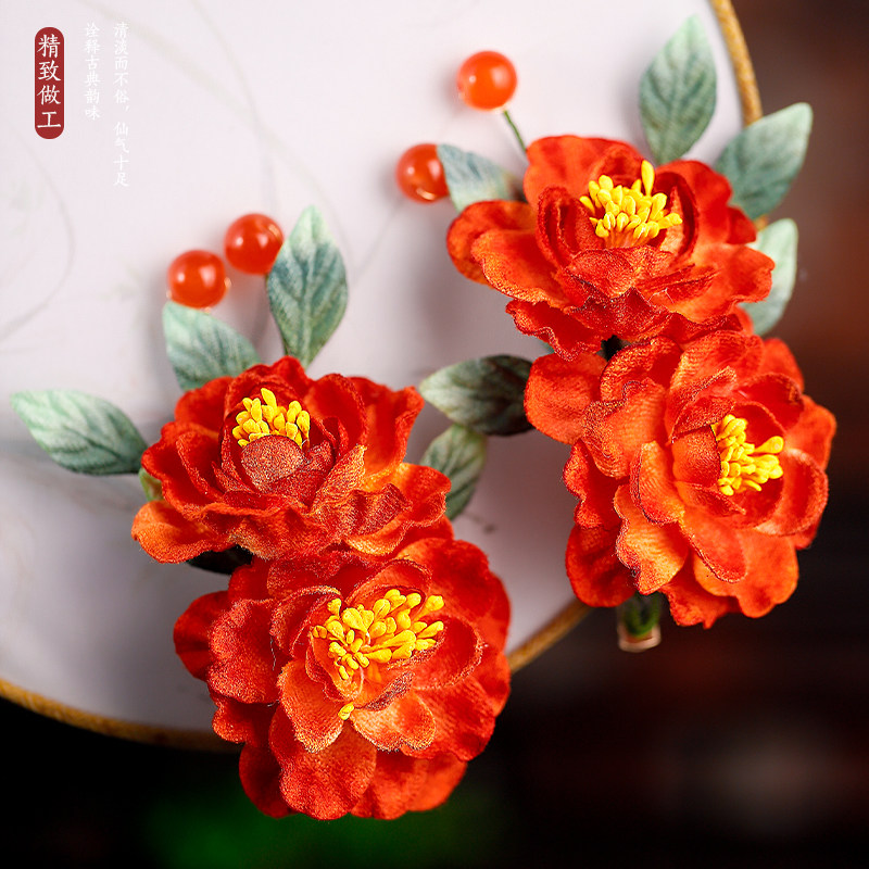 汉服发饰橙色花朵发夹唐风头花新年古风头饰秋冬宋制绒花簪花新款