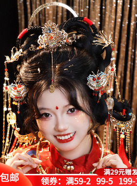 明制发冠烧蓝发钗气质发饰整套古风汉服发簪新年红色点缀拜年头饰