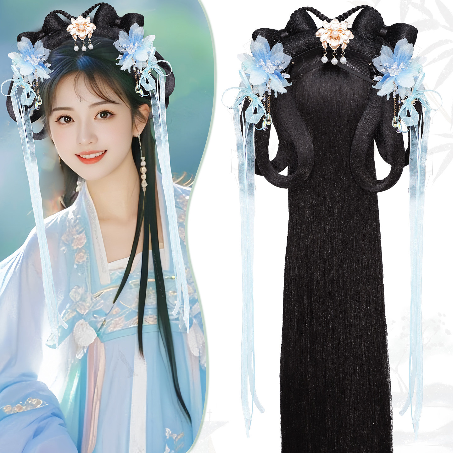 古风汉服发饰假发套装仙气纱花飘带配饰甜美蝴蝶结长发假发包百搭