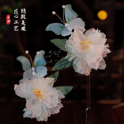 古风绢纱花朵发夹手工