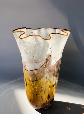 中古橘色褶皱花边拼色琉璃花器设计师复古花瓶样板房客厅茶几