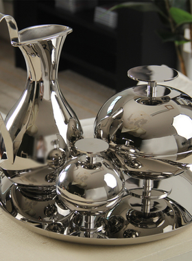 样板房售楼部水吧台接待处餐桌餐边柜不锈钢金属装饰组合摆件