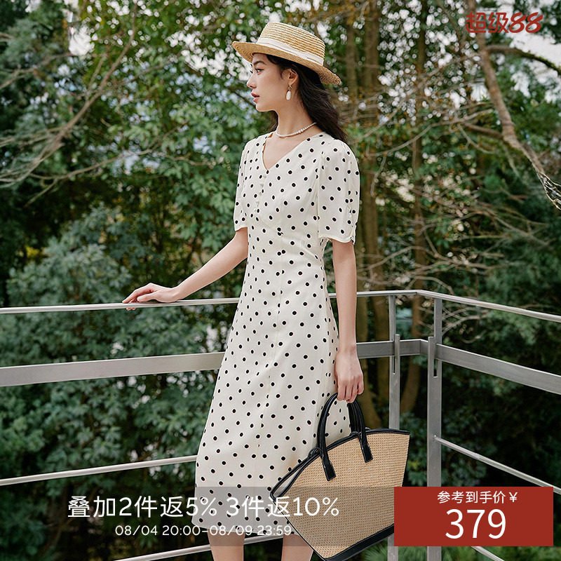 衣香丽影波点泡泡袖V领连衣裙夏优雅减龄直筒裙