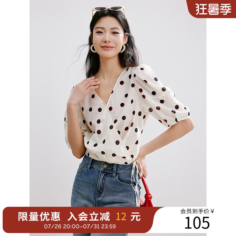 衣香丽影夏V领复古波点印花雪纺衬衫泡泡袖衬衣