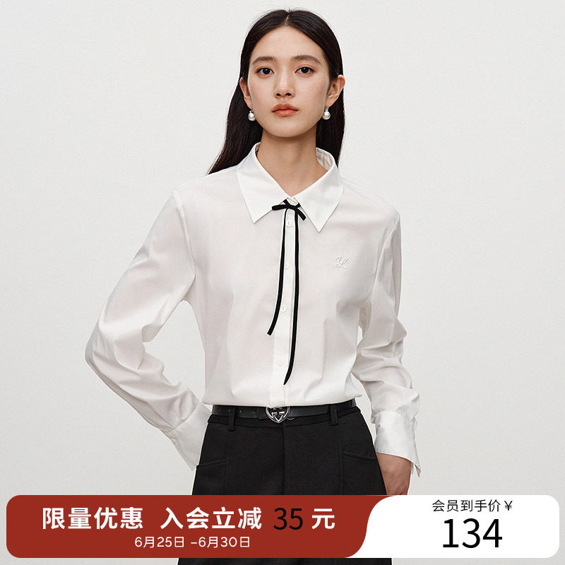 衣香丽影白色绣花衬衫女士2025年秋装新款可拆卸领结法式小资上衣