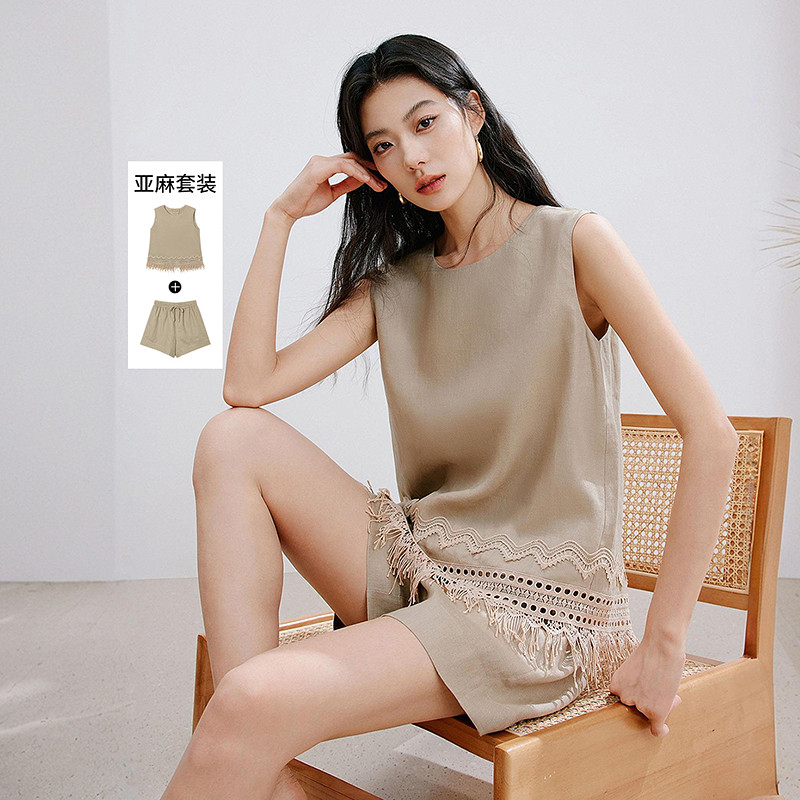 衣香丽影【100%亚麻】夏装蕾丝拼接无袖上衣短裤套装女
