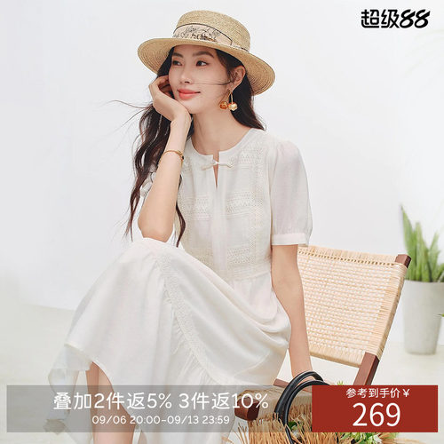 衣香丽影新中式国风醋酸连衣裙女2026夏季新款蕾丝拼接泡泡袖裙子