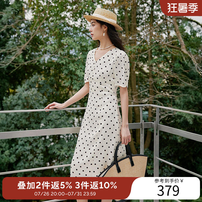 衣香丽影波点泡泡袖V领连衣裙夏优雅减龄直筒裙