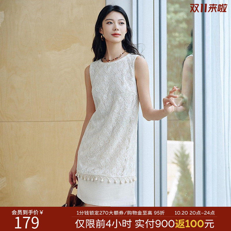 衣香丽影白色蕾丝拼接无袖连衣裙女2026年夏装新款小香风亚麻裙子