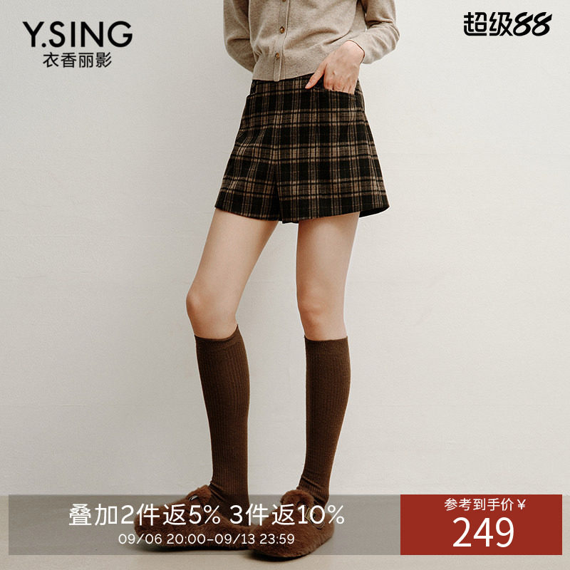 衣香丽影经典格纹高腰短裤女2026年冬装新款显高显瘦复古直筒裤子