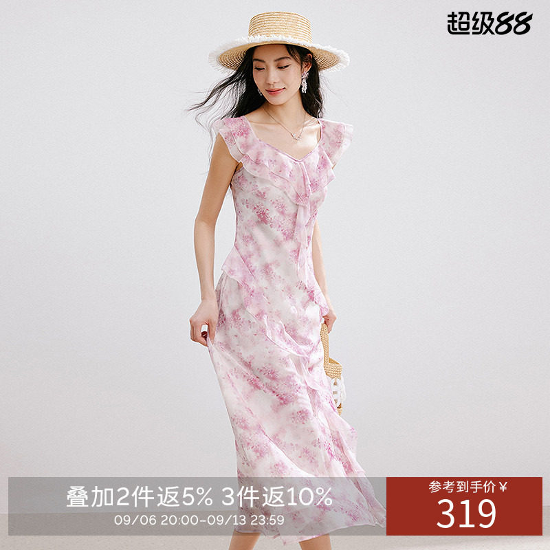 衣香丽影碎花连衣裙女夏装优雅荷叶边顺纡绉雪纺裙子