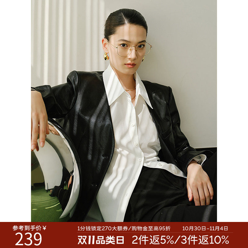 衣香丽影长袖皮衣2026年秋季宽松型女式V领短款单排多扣通勤风