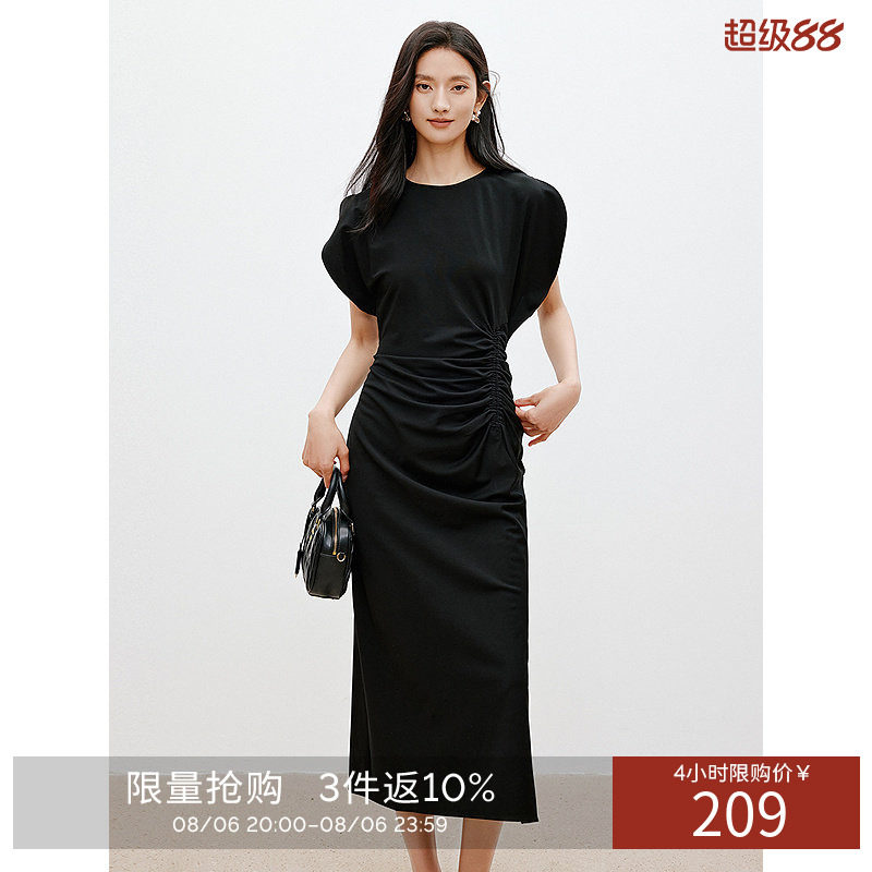 衣香丽影时尚抽褶收腰连衣裙夏花苞袖气质小黑裙
